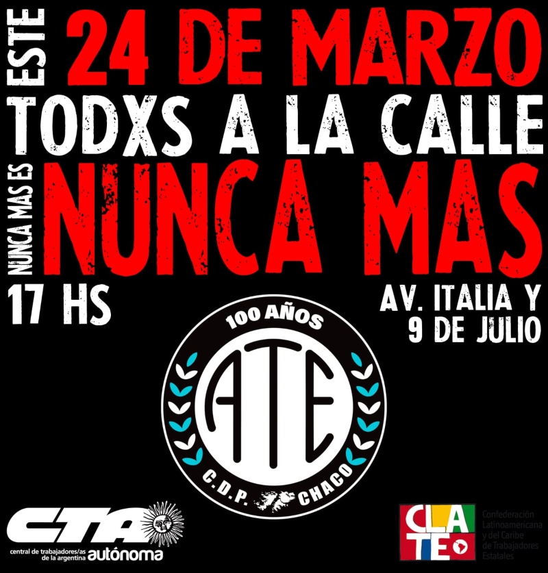 ATE Chaco convoca a marchar este 24 de marzo ATE Chaco convoca a marchar este 24 de marzo