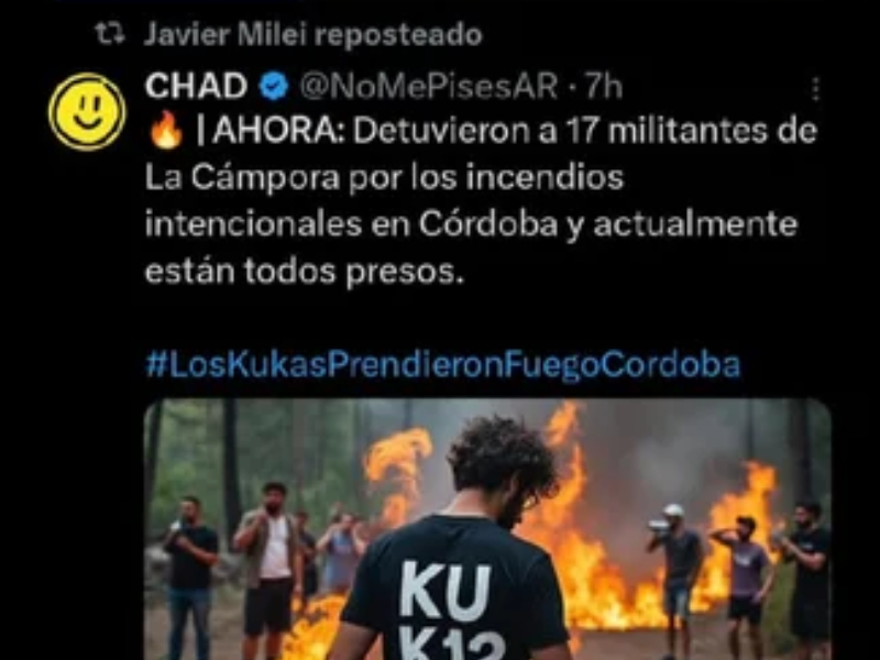Milei difundió una fake news: responsabilizó a La Cámpora por los incendios en Córdoba Milei difundió una fake news: responsabilizó a La Cámpora por los incendios en Córdoba
