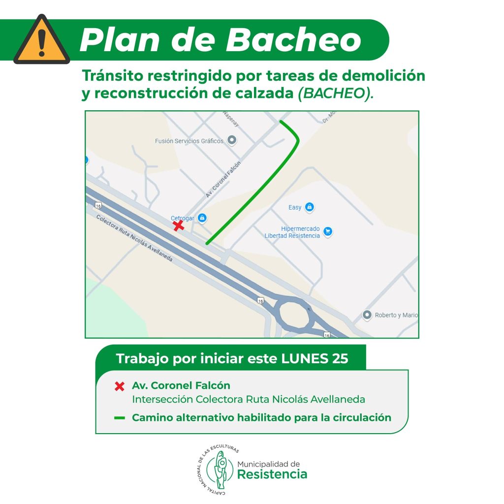 Por obras de bacheo, hay tránsito restringido en Coronel Falcón y la colectora de ruta 16