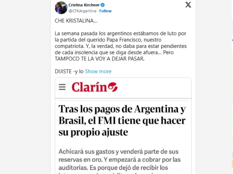 Del “Che Milei” al “Che Kristalina”: Cristina Kirchner le apuntó a la directora del FMI Del “Che Milei” al “Che Kristalina”: Cristina Kirchner le apuntó a la directora del FMI