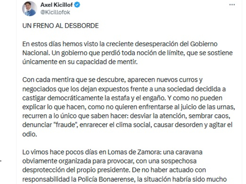 Kicillof, sobre el acto de LLA en Moreno: “Hago responsable a Milei de cualquier hecho de desorden o violencia” Kicillof, sobre el acto de LLA en Moreno: “Hago responsable a Milei de cualquier hecho de desorden o violencia”
