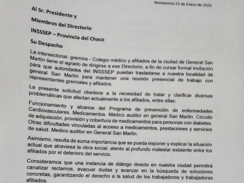 Designaron médico auditor en General San Martín, pero persisten demandas al INSSSeP Designaron médico auditor en General San Martín, pero persisten demandas al INSSSeP
