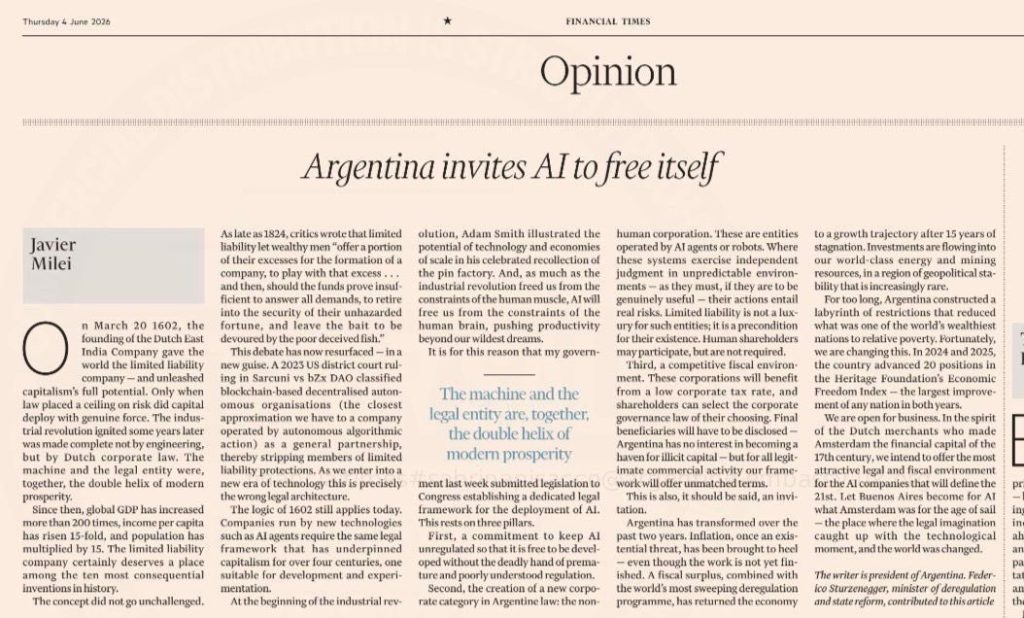 Milei escribió en Financial Times y defendió una IA sin regulación estatal en la Argentina