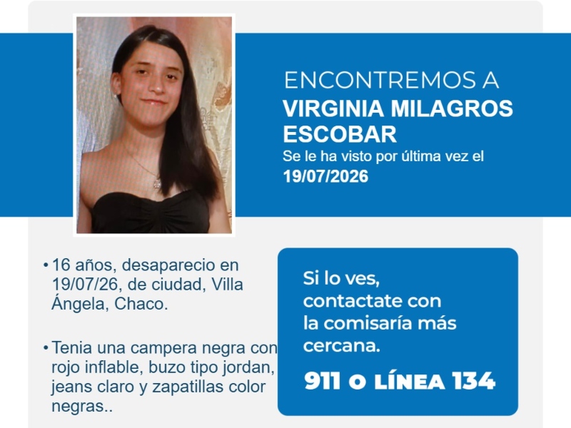 Buscan a una adolescente de 16 años desaparecida en Villa Ángela Buscan a una adolescente de 16 años desaparecida en Villa Ángela